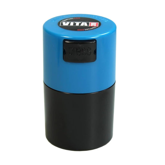 Tightpac America Vitavac-Pocketvac Vacuum Sealed Pill Box and Vitamin Container, 1/2-Ounce, Black Body/Light Blue Cap
