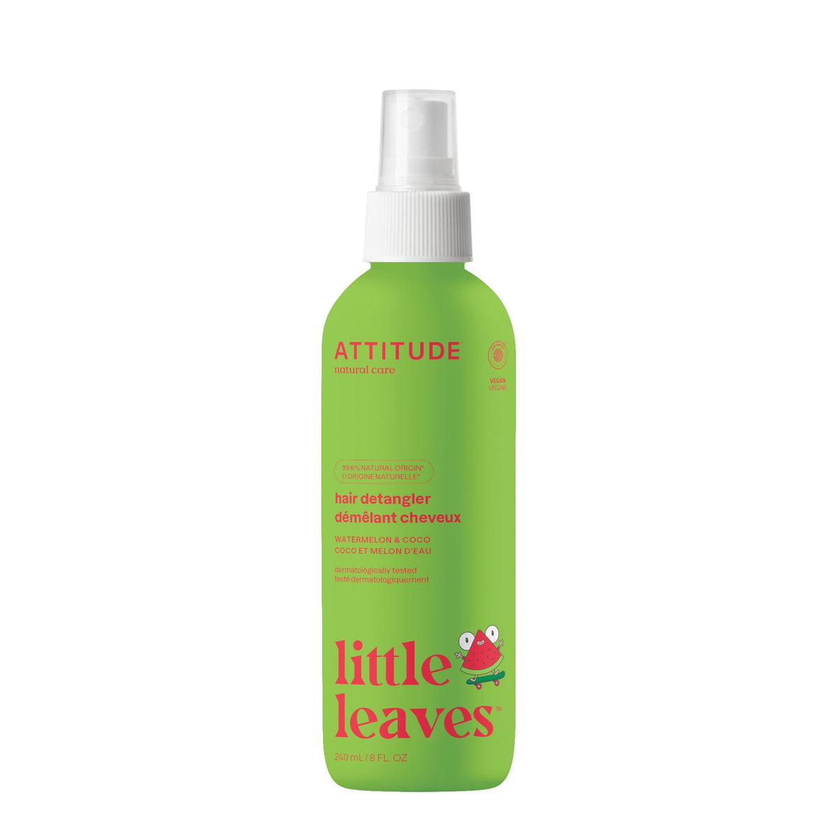 ATTITUDE Rinse-free Hair Detangler Spray for Kids, Made in Canada, EWG Verified, Leave In Product, Plant- and Mineral-Based Ingredients, Vegan, Watermelon and Coco, 240 mL