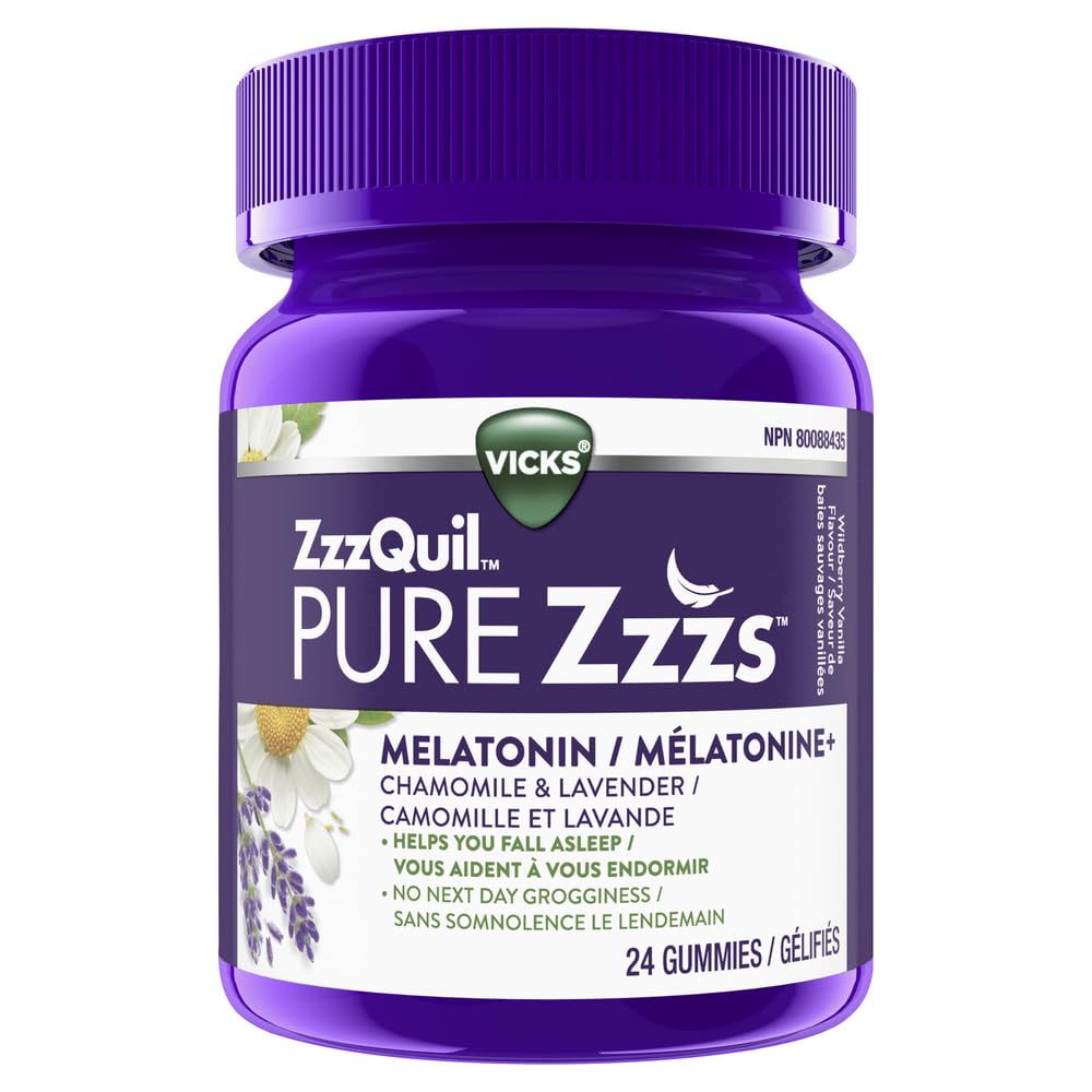 Vicks ZzzQuil PURE Zzzs Melatonin Sleep Aid with Chamomile, Lavender, & Valerian Root, Non-Habit Forming, 1mg per gummy, Wildberry Vanilla Flavour, 24 count