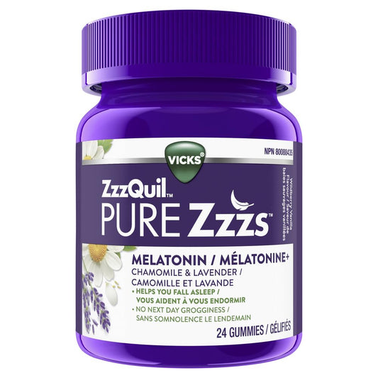 Vicks ZzzQuil PURE Zzzs Melatonin Sleep Aid with Chamomile, Lavender, & Valerian Root, Non-Habit Forming, 1mg per gummy, Wildberry Vanilla Flavour, 24 count
