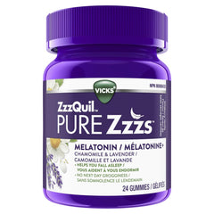 Vicks ZzzQuil PURE Zzzs Melatonin Sleep Aid with Chamomile, Lavender, & Valerian Root, Non-Habit Forming, 1mg per gummy, Wildberry Vanilla Flavour, 24 count