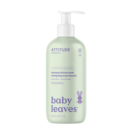 ATTITUDE Baby 2-in-1 Shampoo & Body Wash, EWG Verified, Dermatologically Tested, Vegan, Sweet Apple Scent, 16 Fl Oz