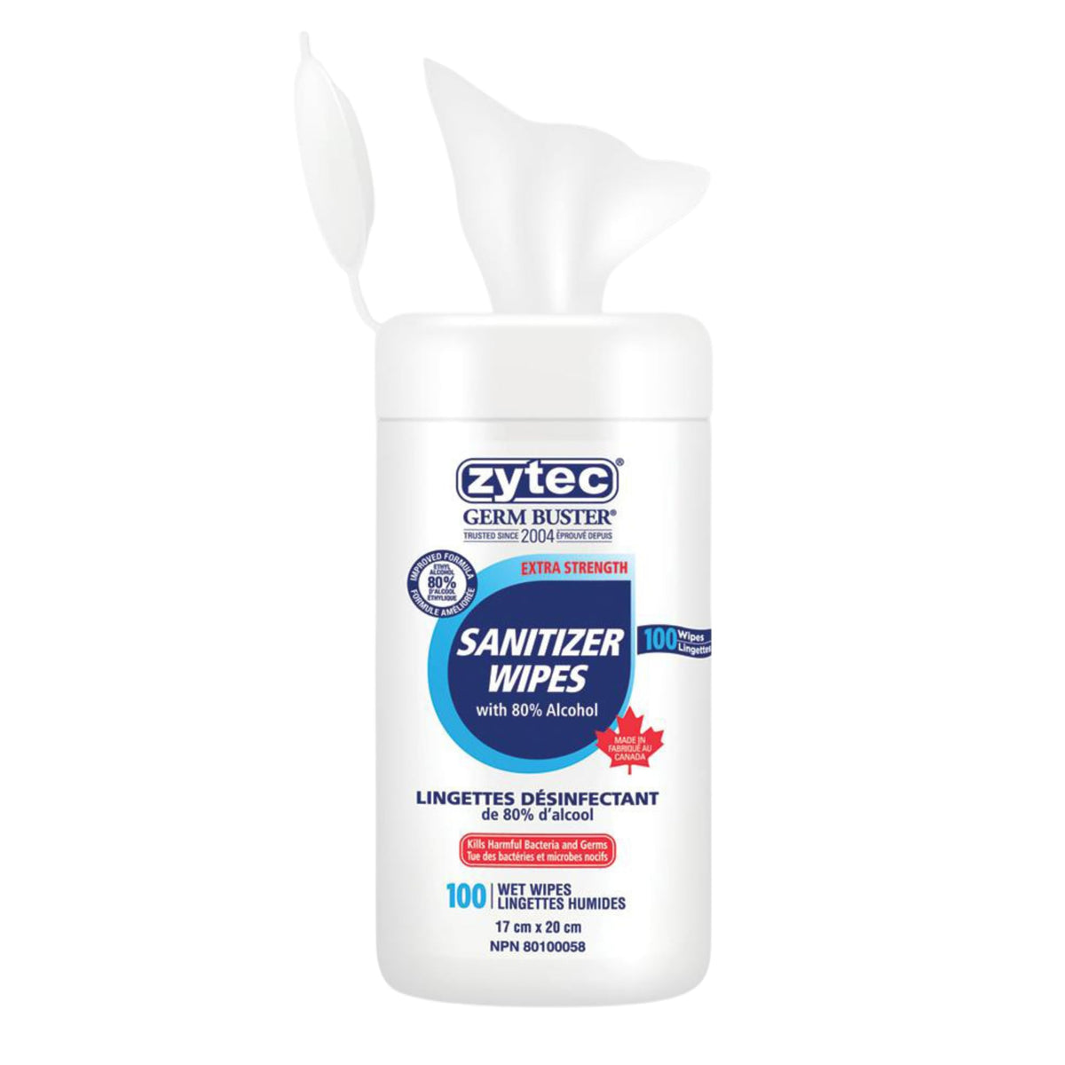 ZYTEC GERM BUSTER | SANITIZER WIPES EXTRA STRENGTH 80% PRO | 100 PACK | MADE IN CANADA