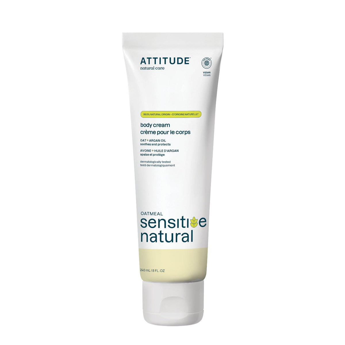 ATTITUDE Body Cream for Sensitive Skin with Oat and Argan Oil, Made in Canada, EWG Verified, Dermatologically Tested, Vegan, 240 mL