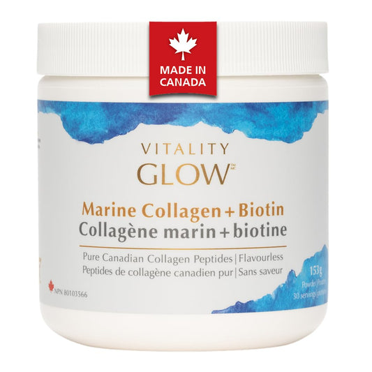 VITALITY GLOW Canadian Marine Collagen Powder with Biotin & Vitamin C – Wild-Caught North Atlantic Fish, Hydrolyzed Collagen Peptides for Skin, Hair & Nails, Third-Party Tested, Unflavoured – 30 Servings