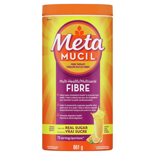 Metamucil, Daily Psyllium Husk Powder Supplement, Real Sugar, 3-in-1 Fibre for Digestive Health, Orange Smooth Flavored Drink, 72 Servings