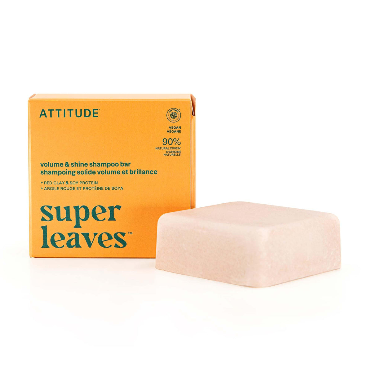 ATTITUDE Volume & Shine Shampoo Bar, Natural Origin, for Thin and Flat Hair, Soy Protein & Red Clay, Made in Canada, EWG Verified & Clean Ingredients, Vegan, Orange Blossom & Eucalyptus Scent, 113 g