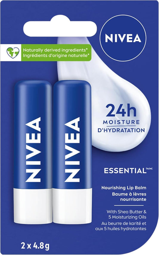 NIVEA Lip Care Essential, (2 X 4.8g) | Made with Jojoba Oil & Shea Butter, 24H Hydration, Transparent