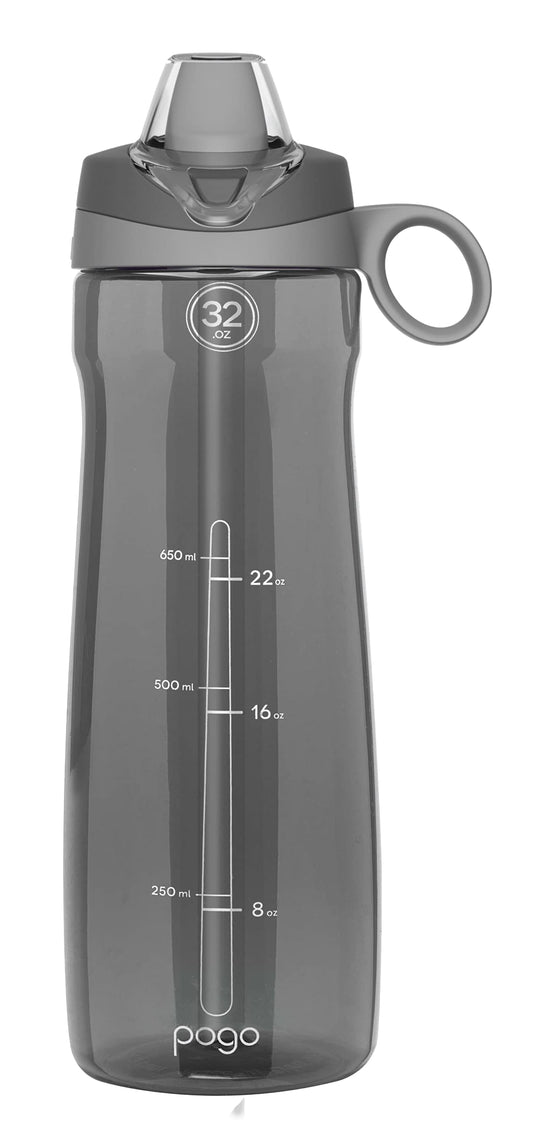 Pogo Tritan Water Bottle with Soft Straw, Grey, 32 Oz.