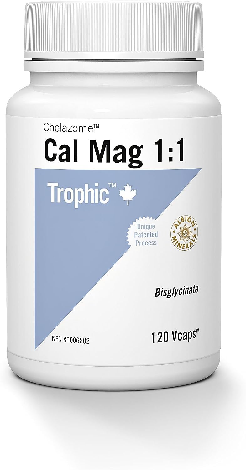 Trophic Calcium-Magnesium 1:1 Chelazome, 120 Count. Chelated with natural amino acids, provides superior absorbtion. Aids in metabolism, blood clotting, nerve transmission and regulation of the heartbeat.