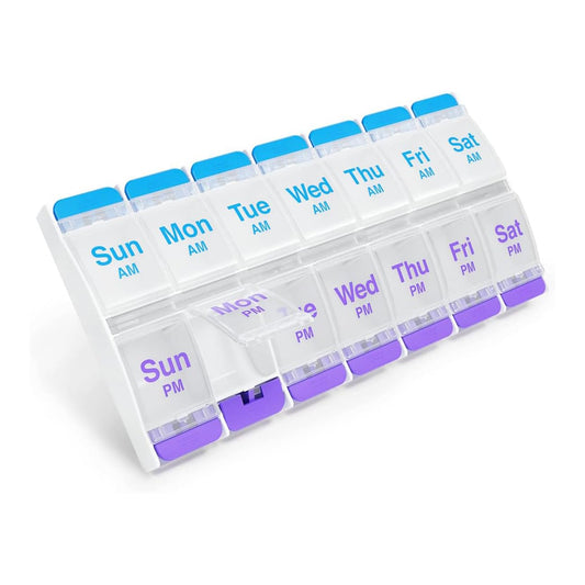 EZY DOSE Push Button (7-Day) Pill Case, Medicine Planner, Vitamin Organizer, 2 Times a Day AM/PM, X-Large Compartments, Arthritis Friendly, Clear Lids, Purple and Blue, BPA Free