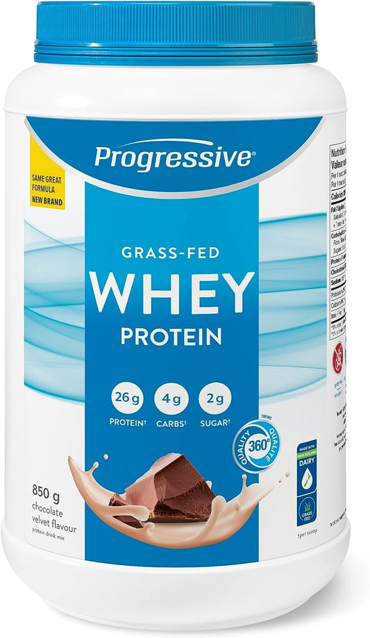 Progressive Grass-Fed 100% Whey Protein Powder Chocolate, 26g of New Zealand Whey Concentrate per Scoop for Muscle Gain, Pasture-Raised, Non-GMO, Canadian-Made Antibiotic-free, Hormone-free, 850 g