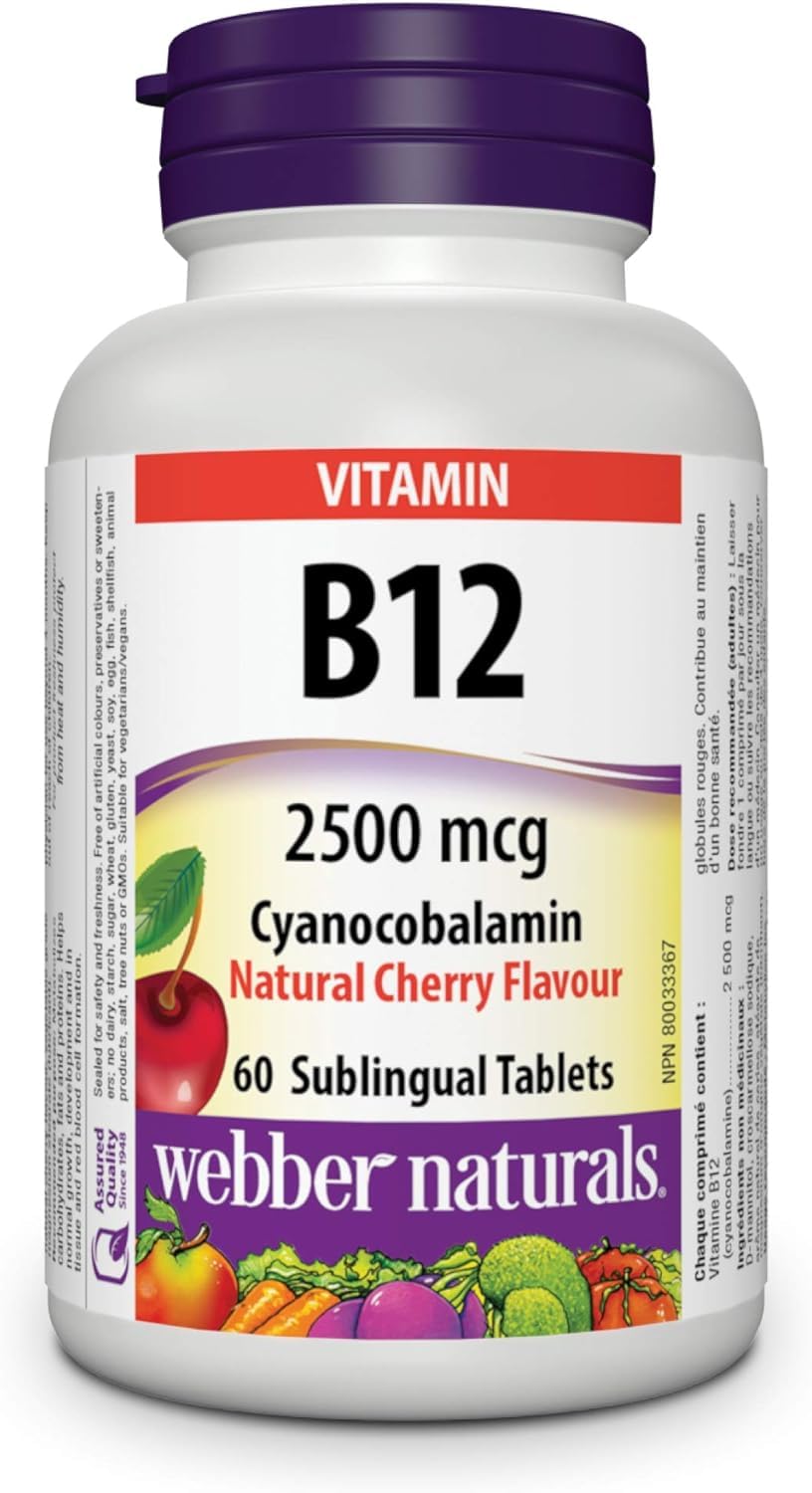 Webber Naturals Vitamin B12 Cyanocobalamin 2,500 mcg, Quick Dissolve, 60 Tablets, Natural Cherry Flavour, Supports Energy Production and Metabolism, Gluten Free, Non-GMO, Vegan