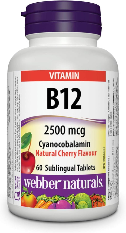 Webber Naturals Vitamin B12 Cyanocobalamin 2,500 mcg, Quick Dissolve, 60 Tablets, Natural Cherry Flavour, Supports Energy Production and Metabolism, Gluten Free, Non-GMO, Vegan
