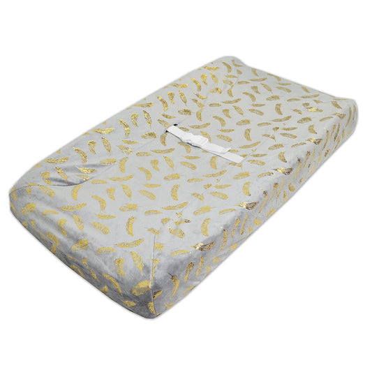 TL Care Heavenly Soft Chenille Fitted Contoured Changing Pad Cover, Sparkle Gold Feather on Solid Grey