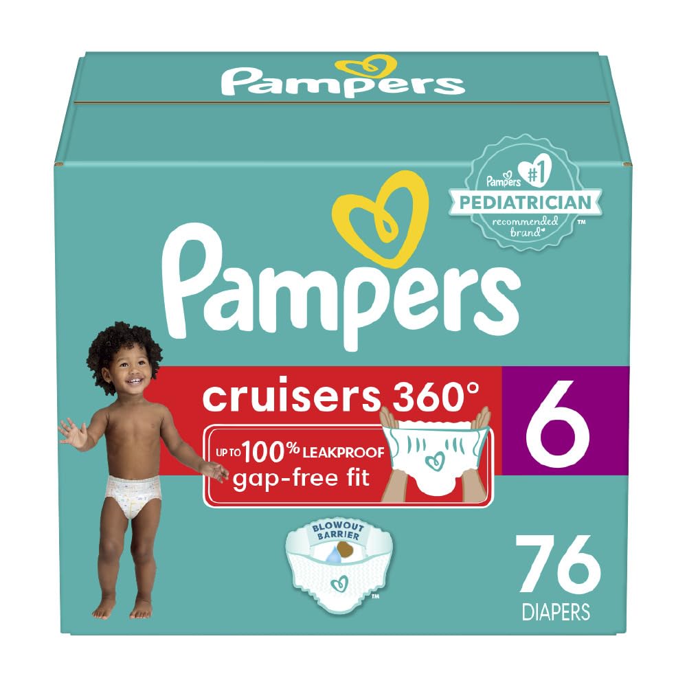 Pampers Diapers - Cruisers 360 degrees - Size 6, 76 Count, up to 100% Leakproof Fit, Designed for Active Babies, Pull On Diaper, EZ Off Tabs Designed for Easy Changes