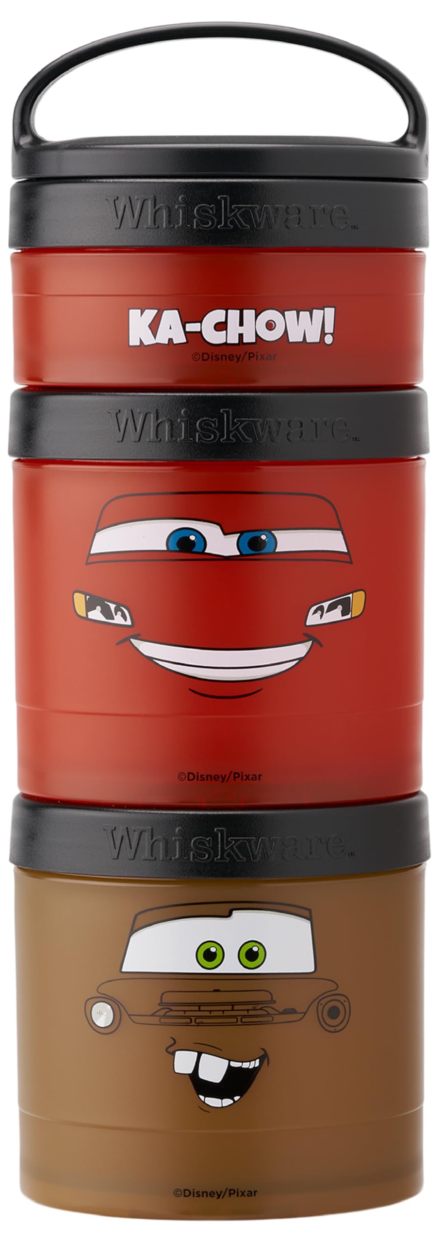 Whiskware Disney Pixar Stackable Snack Containers for Kids and Toddlers, 3 Stackable Snack Cups for School and Travel, Cars Lightning McQueen and Mater