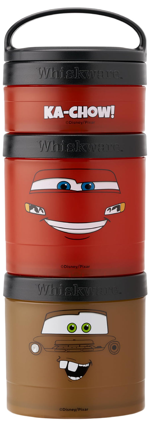 Whiskware Disney Pixar Stackable Snack Containers for Kids and Toddlers, 3 Stackable Snack Cups for School and Travel, Cars Lightning McQueen and Mater