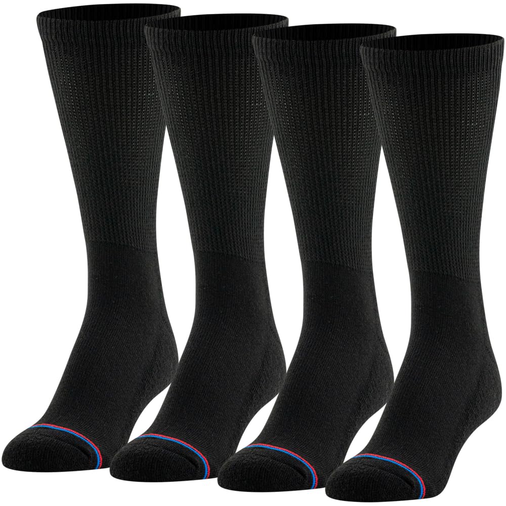 PEDS Women's Diabetic Crew Socks with Non-Binding Top and Cushion Sole 4 Pairs, Black, 10-13