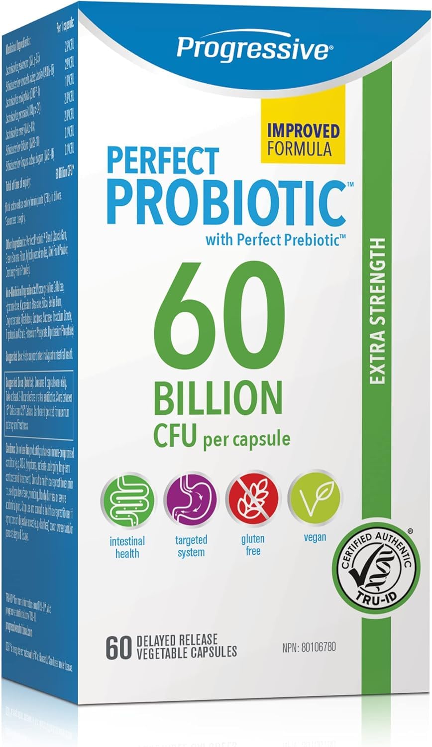 Progressive Perfect Probiotic 60 Billion CFU, Extra Strength 7 Strain Formula + Prebiotic Blend, with Lactobacillus plantarum and Bifidobacterium lactis, Delayed-Release Guaranteed Potency, Shelf-Stable, Digestive and Gut-Health Support, 60 Vegan Capsules