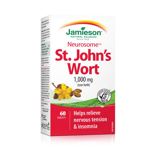 Jamieson St. John's Wort 1,000 mg, Neurosome, Calming, and Helps Relieve Nervousness. Non-GMO, Gluten-Free, 60 Tablets, Proudly Canadian