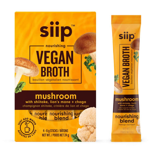 Siip 4-Pack Mushroom Broth Powder, Single-Serve Sticks | Made in Canada | Mushroom Soup Base | Vegetable Broth | Lion's Mane, Chaga & Shiitake Mushrooms | No MSG or Artificial Ingredients | Organic