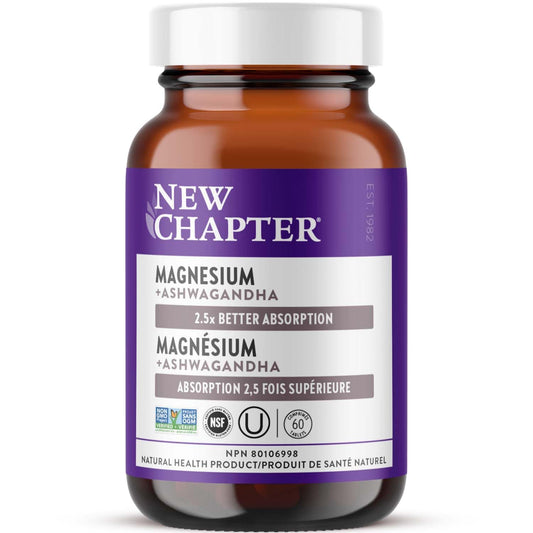New Chapter Magnesium + Ashwagandha - Supports Muscle & Bone Health - Highly Absorbable - Non-GMO, Kosher, Vegan & Gluten Free - 30 Tablets