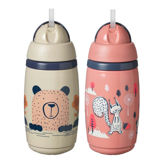 Tommee Tippee Superstar Straw Insulated Sippy Cup for Toddlers, INTELLIVALVE Leak-Proof & Shake-Proof (9oz, 12+ Months, 2 Count), Pink and Warm Gray