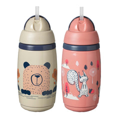 Tommee Tippee Superstar Straw Insulated Sippy Cup for Toddlers, INTELLIVALVE Leak-Proof & Shake-Proof (9oz, 12+ Months, 2 Count), Pink and Warm Gray