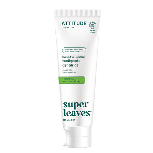 ATTITUDE Fluoride-Free Toothpaste, Made in Canada, Plant- and Mineral-Based Ingredients, Vegan, Cruelty-Free and Sugar-Free, Fresh Breath, Peppermint, 120 grams