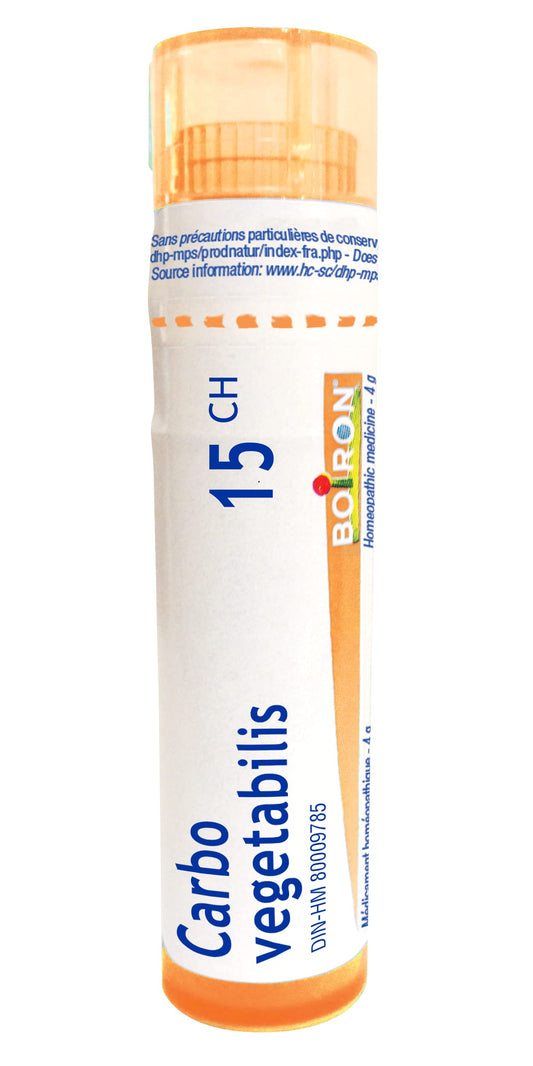 Boiron Carbo vegetabilis 15ch,Homeopathic medicine. Each tube contains 4 g (approximately 80 pellets)