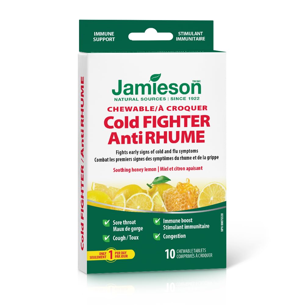 Jamieson Cold Fighter Chewable Honey Lemon Flavour, for Adults and Adolescents (10+), Helps Fight Early Signs of Colds and Improves Cold Symptoms. With Ginger for Nausea Relief, No Artificial Colours, Flavours, or Preservatives, 10 Count