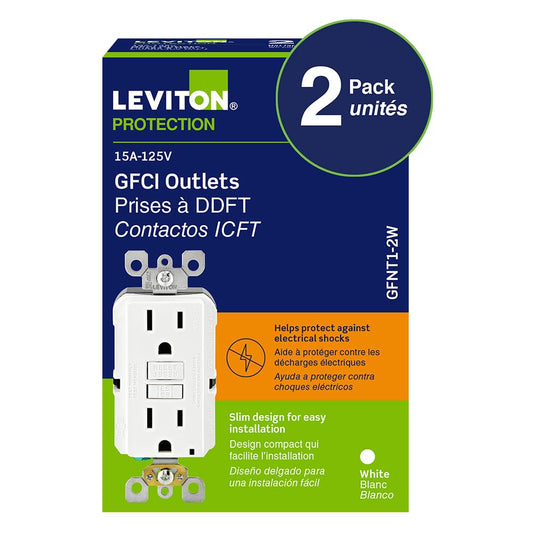 Leviton GFCI 2-Pack, 15 Amp Non Tamper Resistant Receptacle, Smartlock Pro Duplex, GFNT1-02W, White