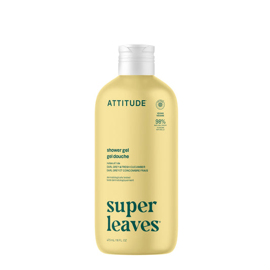 ATTITUDE Body Wash, Made in Canada, EWG Verified Shower Gel, Dermatologically Tested, Plant and Mineral-Based, Vegan Personal Care Products, Earl Grey & Fresh Cucumber Scent, 473 mL