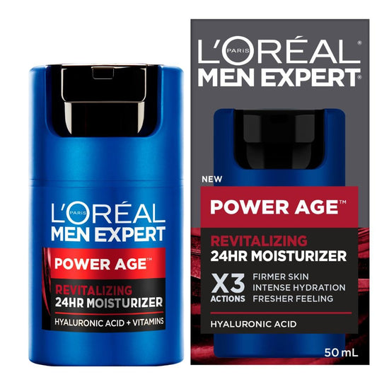 L'Oréal Paris Men Expert 24 HR Hydrating Moisturizer for Men with Hyaluronic Acid and Vitamins, Fights Signs of Aging, Power Age, Packaging May Vary, 50 mL