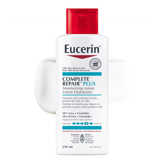EUCERIN Complete Repair Plus Moisturizing Lotion for Very Dry, Rough Skin, 10% Urea Lotion, Ceramide Lotion, Non Comedogenic and Non Greasy Body Lotion Fragrance Free, Dermatological Skin Care, 250mL