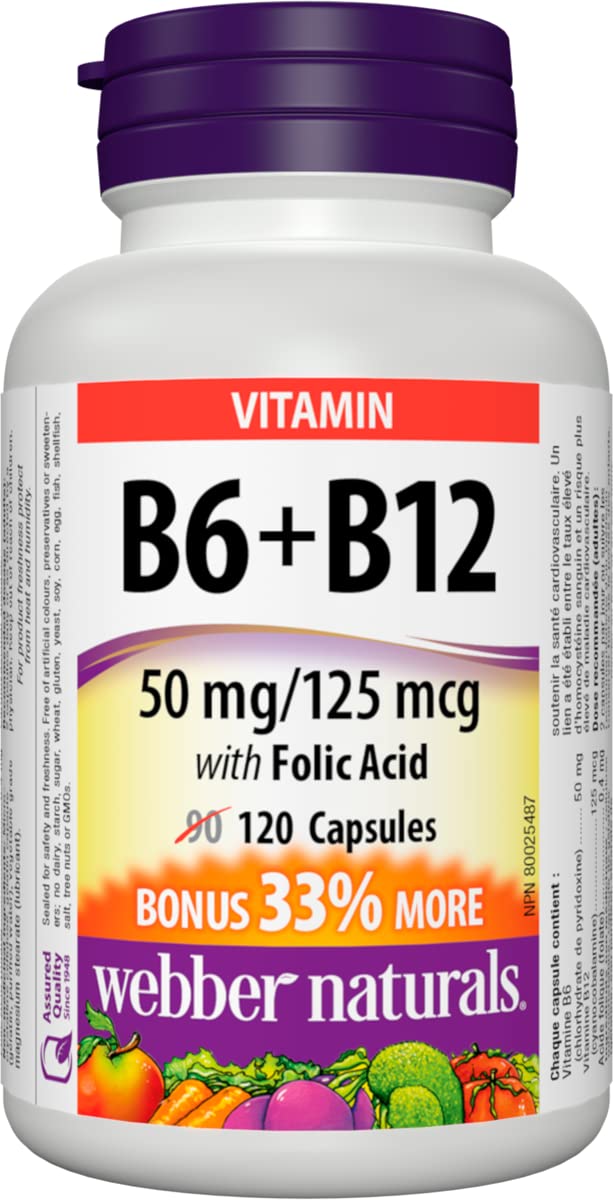 Webber Naturals Vitamin B6 + B12 with Folic Acid, 120 Capsules