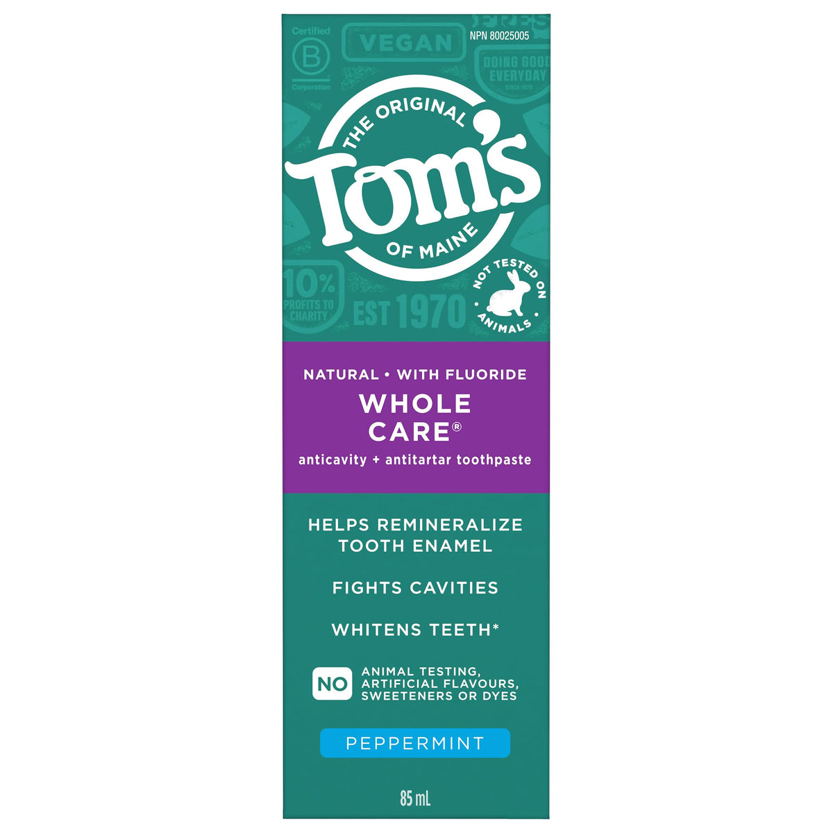 Tom's of Maine Whole Care Fluoride Natural Toothpaste, Peppermint, 85 mL