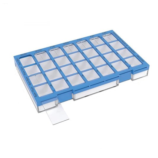Ezy Dose Weekly (7-Day) Pill Organizer, Vitamin and Medicine Box, Large Compartments with Easy Fill Tray, 4 Times a Day, Clear Lids