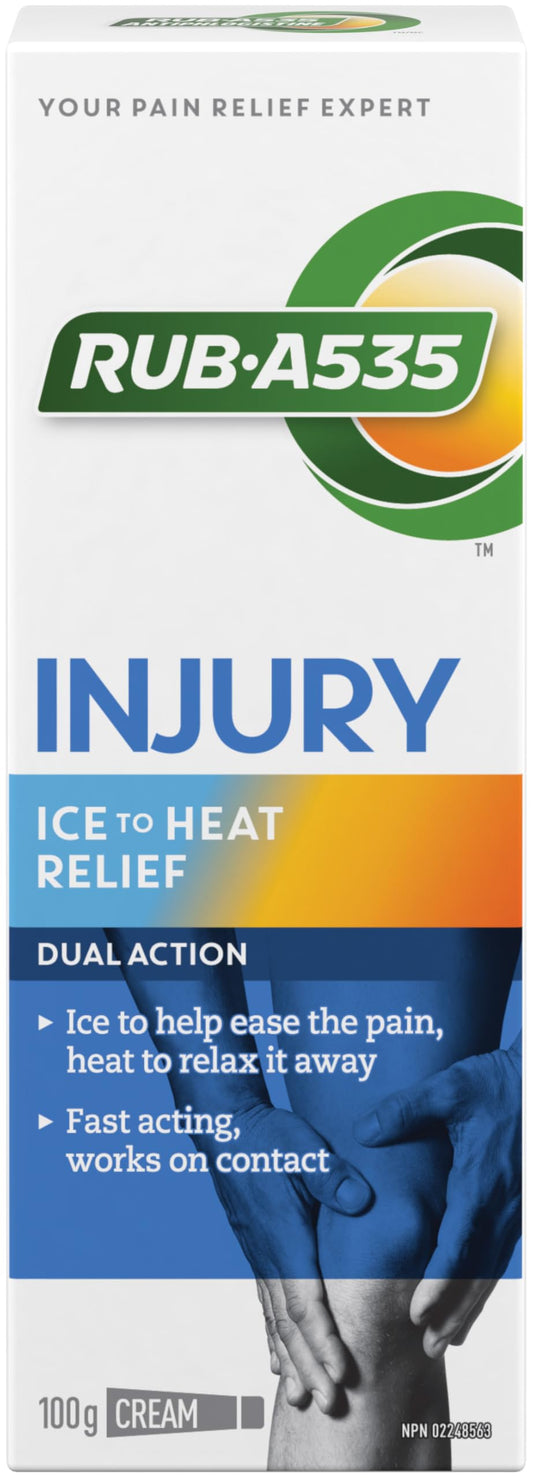 Rub-A535 Injury Ice to Heat Pain Relief Cream - Made in Canada, Fast Acting Injury Pain Relief, Stainless and Greaseless, Works on Contact - 100g