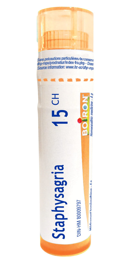Boiron Staphysagria 15ch,Homeopathic medicine. Each tube contains 4 g (approximately 80 pellets)