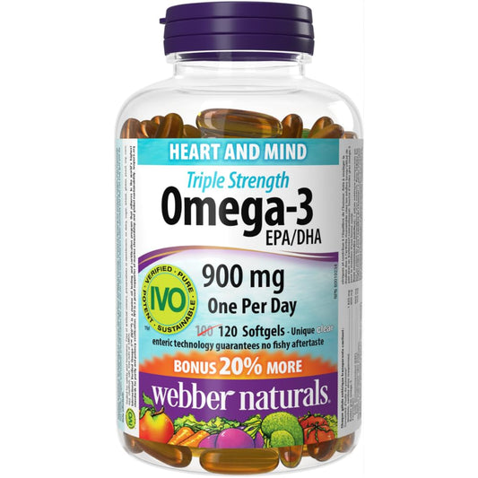 Webber Naturals Omega-3 900 mg Triple Strength, 120 Clear Enteric No Fishy Aftertaste Softgels, Supports Cardiovascular Health and Brain Function