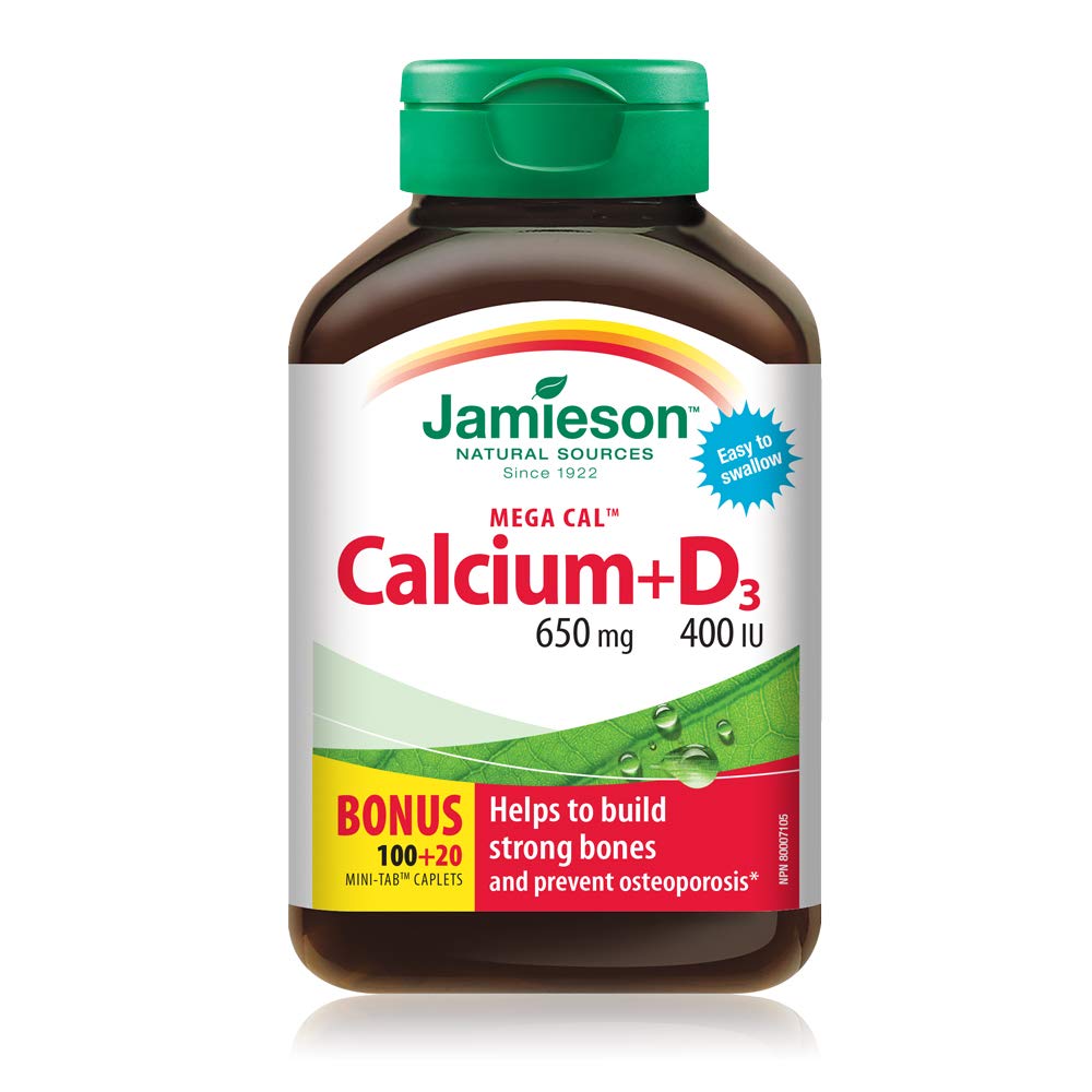 Jamieson Mega Cal Calcium 650 mg with Vitamin D3 400 IU, High Absorption, 5 Calcium Sources, Supports Bone Health, Helps Prevent Osteoporosis and Prevent Bone Loss. Easy to Swallow, Vegetarian, Non-GMO, Gluten-Free, 120 Caplets, Proudly Canadian