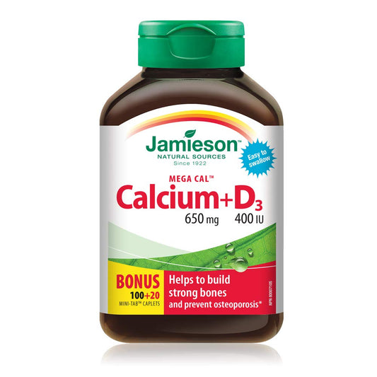 Jamieson Mega Cal Calcium 650 mg with Vitamin D3 400 IU, High Absorption, 5 Calcium Sources, Supports Bone Health, Helps Prevent Osteoporosis and Prevent Bone Loss. Easy to Swallow, Vegetarian, Non-GMO, Gluten-Free, 120 Caplets, Proudly Canadian