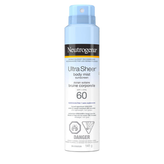 Neutrogena Ultra Sheer Body Mist Sunscreen Spray SPF 60, Broad Spectrum UVA/UVB Protection, Lightweight, Non-Greasy Water Resistant Body Sunscreen Mist, Non-Comedogenic, 141g