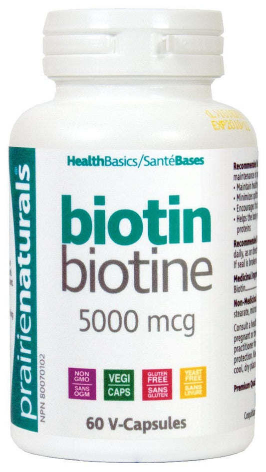 Prairie Naturals Biotin 5,000 mcg helps to maintain healthy hair, skin, and nails, improves splitting and brittle fingernail, promotes thicker hair- 60 Vegan Capsules