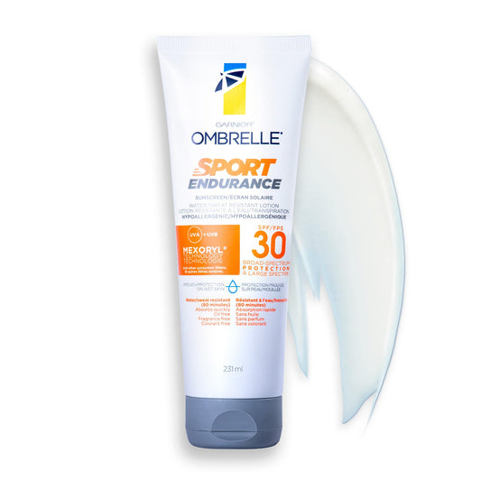 Garnier Ombrelle Sport Endurance Sunscreen Lotion SPF 30, Reliable High Broad Spectrum UVA & UVB Sun Protection, Body Sunscreen, Water and Sweat Resistant, Quick-Absorbing, 231ml