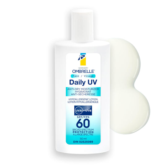 Garnier Ombrelle Daily UV SPF 60 Anti-Dry Lightweight Face Sunscreen Lotion & Moisturizer, Broad Spectrum Very High Protection, Intense Hydration for Skin, Water-Resistant, Non-Greasy, Hypoallergenic, 50ml