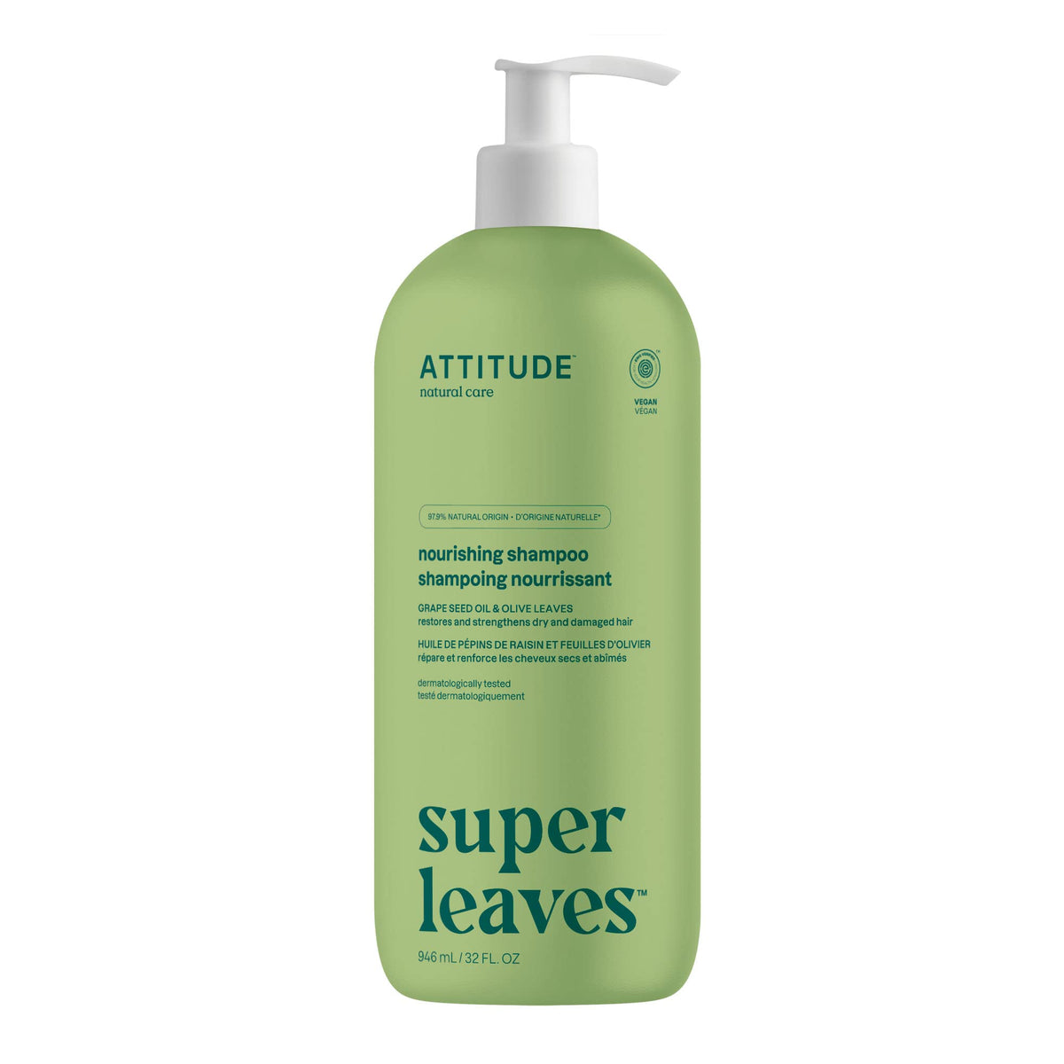 ATTITUDE Nourishing Hair Shampoo, Made in Canada, EWG Verified, For Dry and Damaged Hair, Naturally Derived Ingredients, Vegan and Plant Based, Grapeseed Oil and Olive Leaves, 946 mL