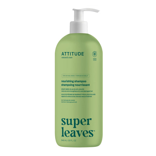 ATTITUDE Nourishing Hair Shampoo, Made in Canada, EWG Verified, For Dry and Damaged Hair, Naturally Derived Ingredients, Vegan and Plant Based, Grapeseed Oil and Olive Leaves, 946 mL